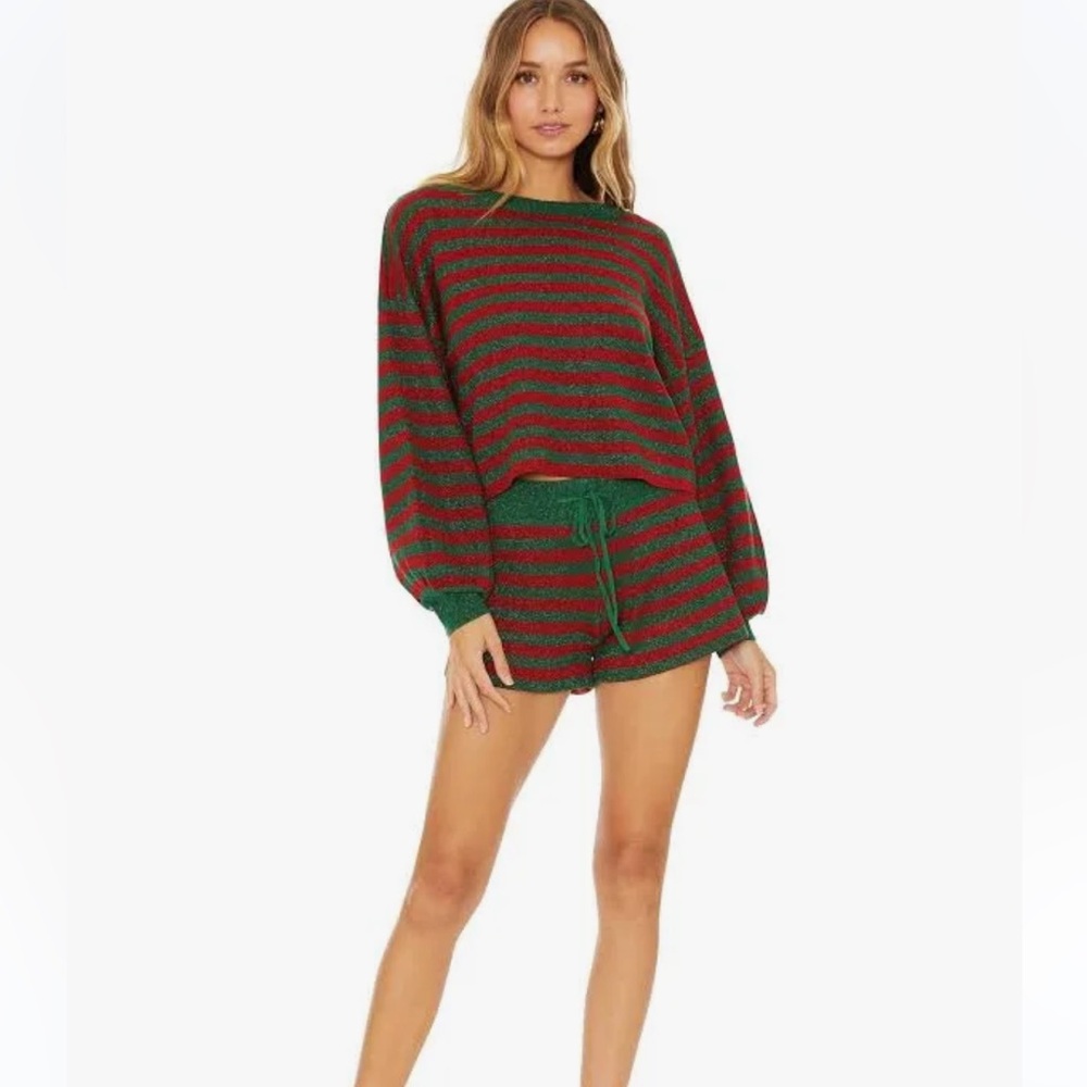 Beach Riot Anthropologie Green & Red Striped Metallic Knit Shorts Medium Holiday - Picture 5 of 8